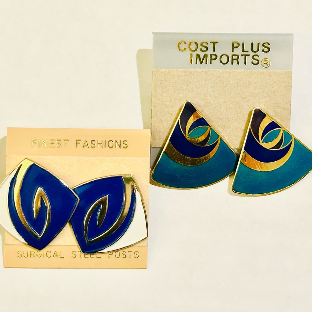 Pair of Vintage Art Deco Gold Tone Enamel Statement Earrings Blue Green Triangle